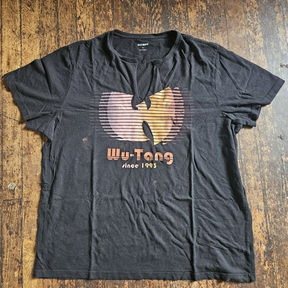 black Old Navy Wu-Tang Clan t-shirt  sunset-gradient logo and "since 1993" text